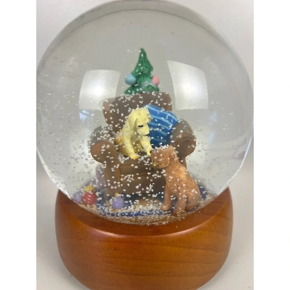 Pottery Barn Y2K‎ Christmas Snow Globe Golden Retriever Puppies Wood Base 7.5 In